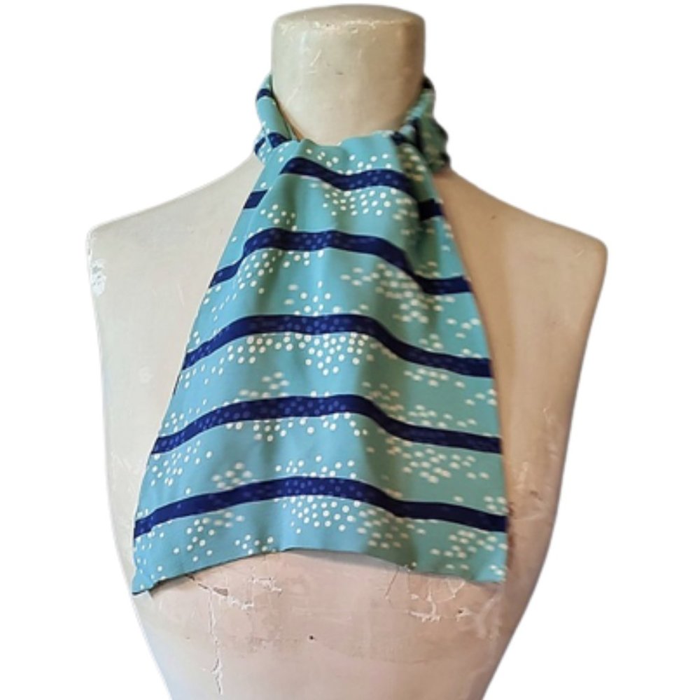 1930s True Vintage Aqua Green And Blue Striped Rayon Deco Ascot Long Scarf - Picture 2 of 9